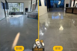 Before and after comparison of concrete floor polishing in Gardena, demonstrating a significant enhancement in gloss and surface finish.