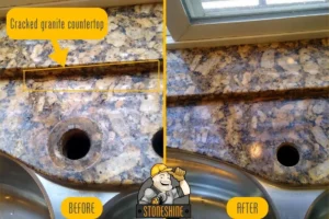 Before and after images showcasing granite kitchen countertop crack repair in Los Alamitos. The left image highlights a visible crack near the sink, while the right image displays a smooth, expertly repaired surface.