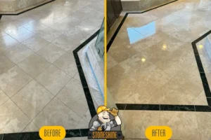 Before and after comparison of Limestone floor cleaning and sealing in Calabasas by StoneShine. The left side shows dull, stained tiles before restoration, while the right side showcases polished, gleaming tiles after professional treatment.