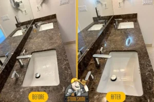 Before and after comparison of marble countertop cleaning, polishing, and sealing in Hollywood. The left image shows a dull, stained countertop, and the right image highlights the same countertop with a shiny, polished finish, significantly enhancing its appearance.