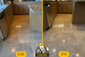 Before and after images of marble floor cleaning, polishing, and sealing in a kitchen in Huntington Beach. The left side shows dull, stained marble, and the right side shows a restored, glossy, and pristine marble floor.