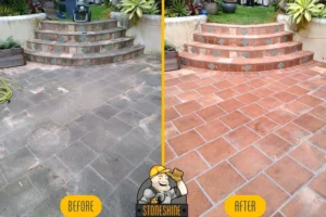 Before and after images of paver tile cleaning in Los Angeles. The left side shows dirty, discolored paver tiles and steps, while the right side reveals clean, vibrant tiles and steps.