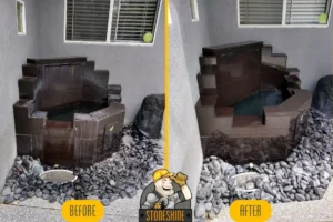 Before and after images of porcelain tile fountain wall cleaning and sealing in Los Angeles.