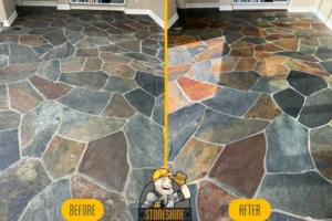 Before and after images of slate floor restoration in Laguna Beach. The left side shows a dull, dirty slate floor, while the right side reveals a clean, vibrant, and polished surface.