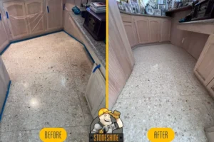 Before and after images of terrazzo floor restoration in Los Angeles. The left side shows a dull, dirty terrazzo floor, while the right side reveals a clean, polished, and restored surface.