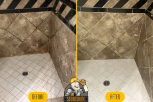 Before and after images showcasing travertine bathroom cleaning and sealing in Mission Viejo, highlighting the change from a dirty, stained surface to a clean, sealed, and restored finish.