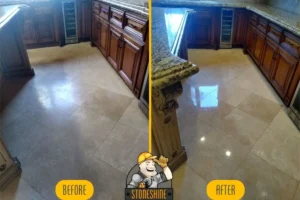 Before and after comparison of travertine floor cleaning, polishing, and sealing in Downey by StoneShine, showcasing restored shine and enhanced appearance.