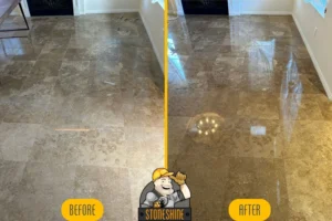 Before and after images of travertine tile floor restoration in Corona. The left side shows a dull, dirty floor, while the right side reveals a polished, shiny, and restored surface.