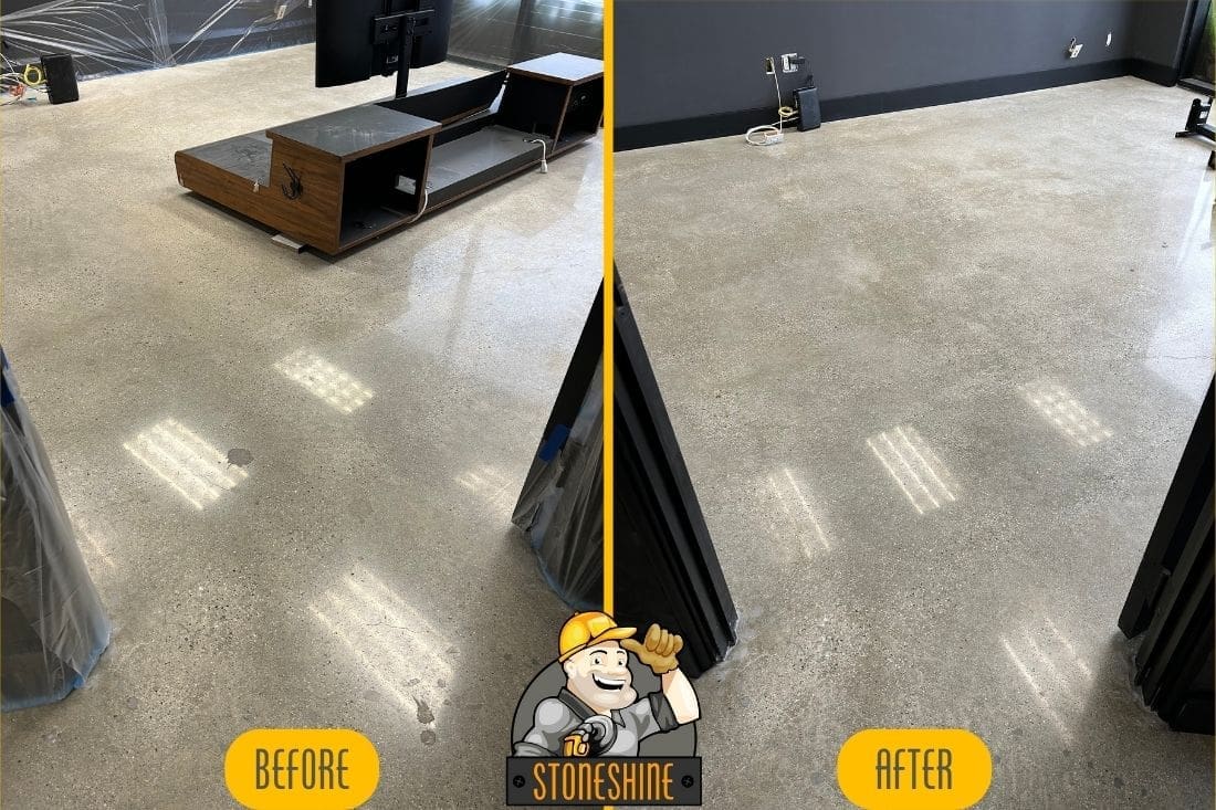 Before and after comparison of concrete floor cleaning and sealing in Beverly Hills, showcasing the restored appearance after professional treatment by StoneShine.