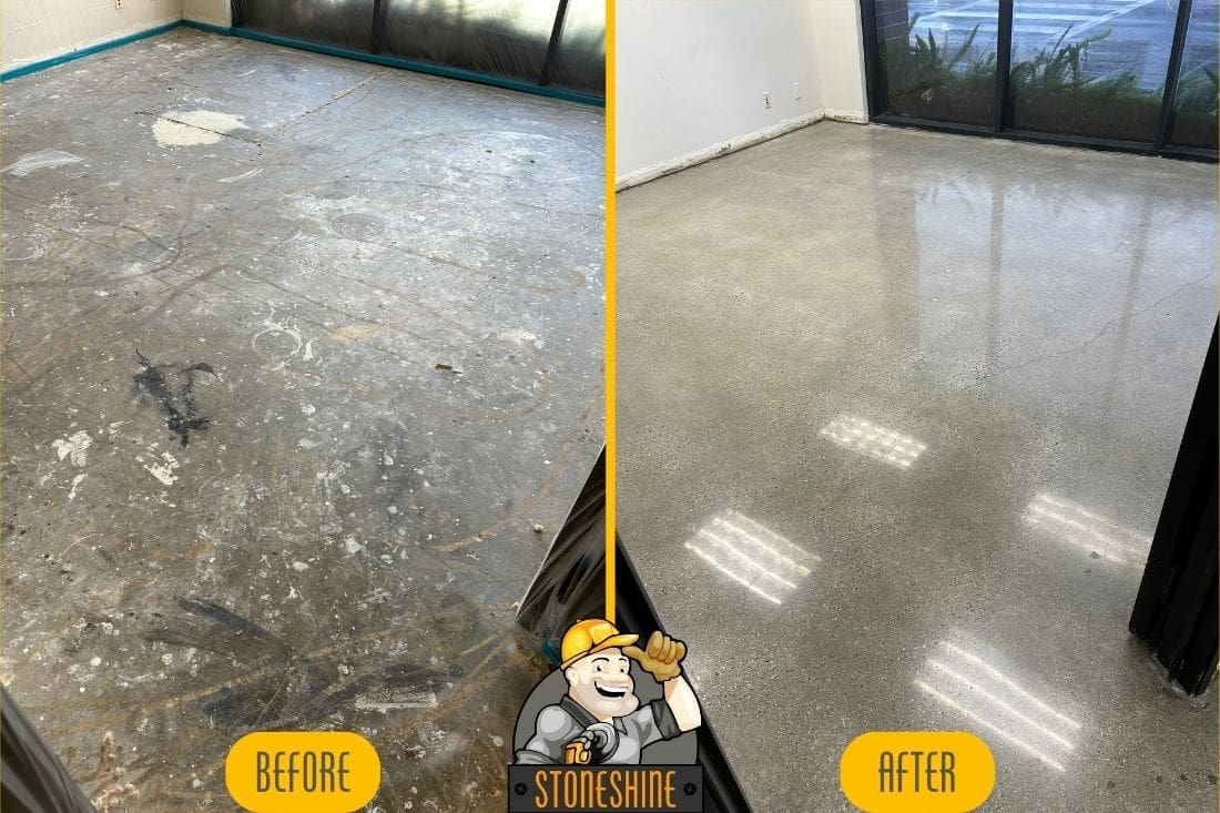 Before and after results of concrete grinding and polishing in a small commercial space near Beverly Boulevard, showcasing a smooth, polished, and non-slippery concrete floor ideal for commercial use.