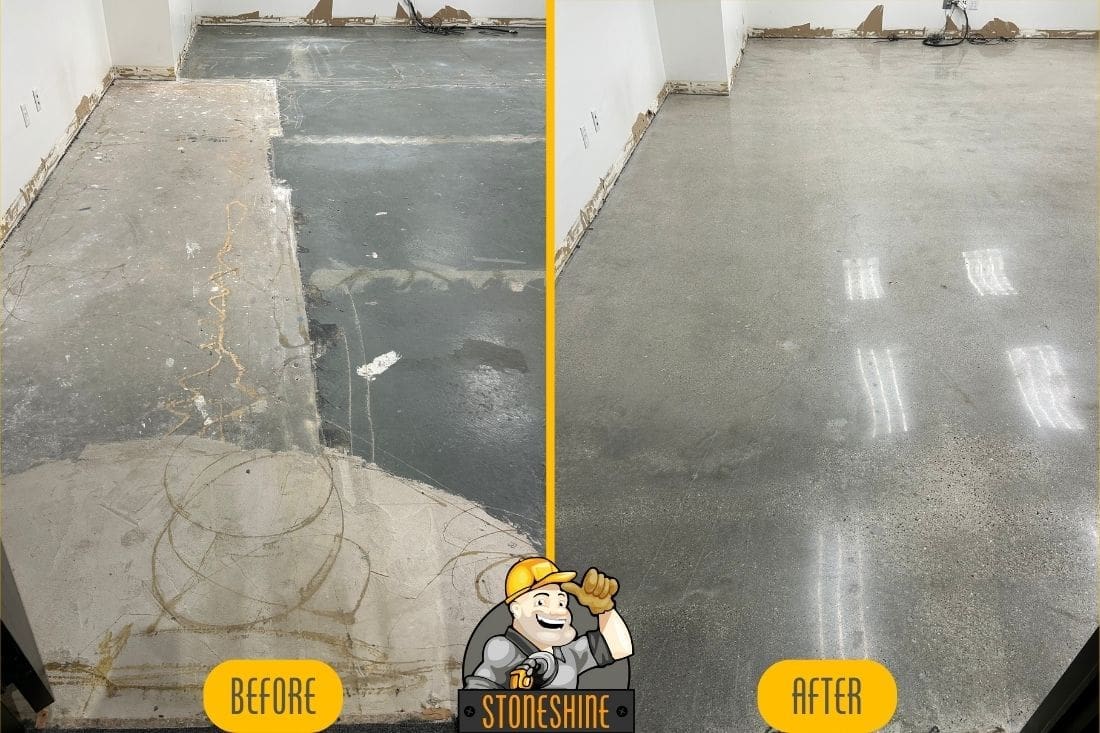 Before and after comparison of concrete grinding and polishing in a commercial space in Beverly Hills by StoneShine Floor Care, featuring a smooth, non-slippery, polished concrete floor ideal for high-traffic commercial environments.