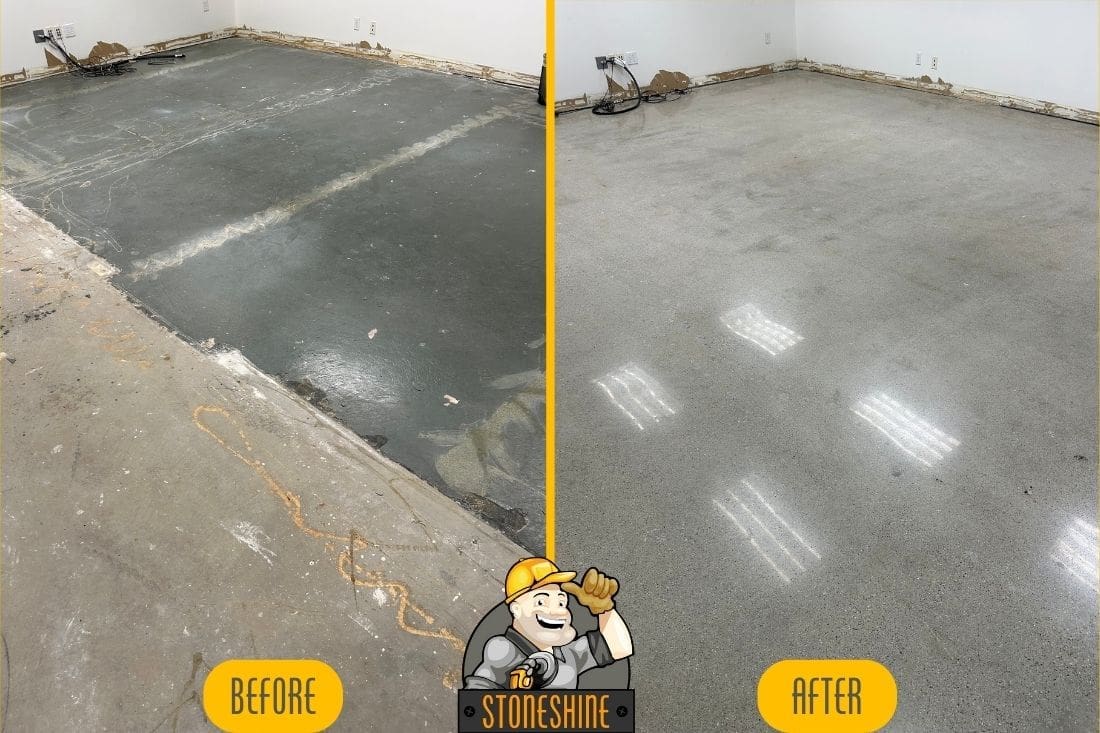 Before and after results of concrete grinding and polishing in a commercial property in Beverly Hills by StoneShine Floor Care, displaying a durable, non-slippery, and moderately polished concrete floor suitable for high-traffic areas.