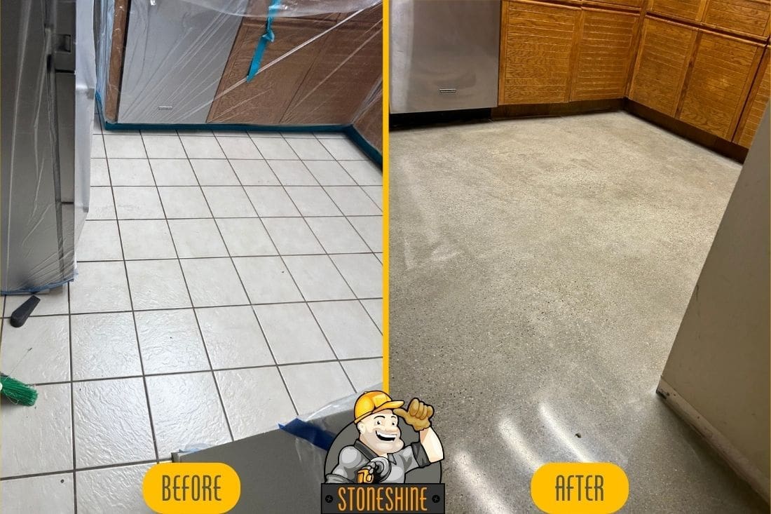 Before and after comparison of concrete grinding and polishing in a kitchen floor in Rancho Santa Margarita, showcasing the transformation from tiled to a polished concrete surface.