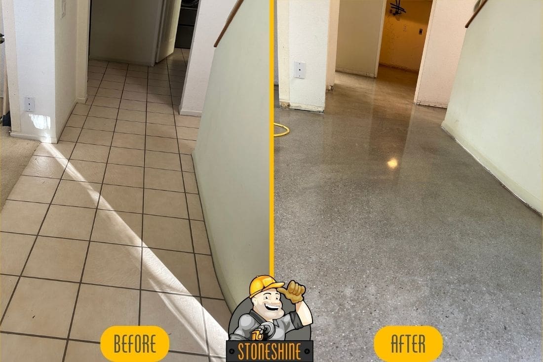 Before and after transformation of a residential hallway from tiled flooring to polished concrete, highlighting a sleek and modern finish.