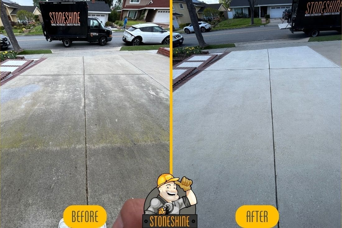 Before and after comparison of a concrete driveway restoration in Brea, featuring deep cleaning, concrete grinding, and sealing for a smooth finish.