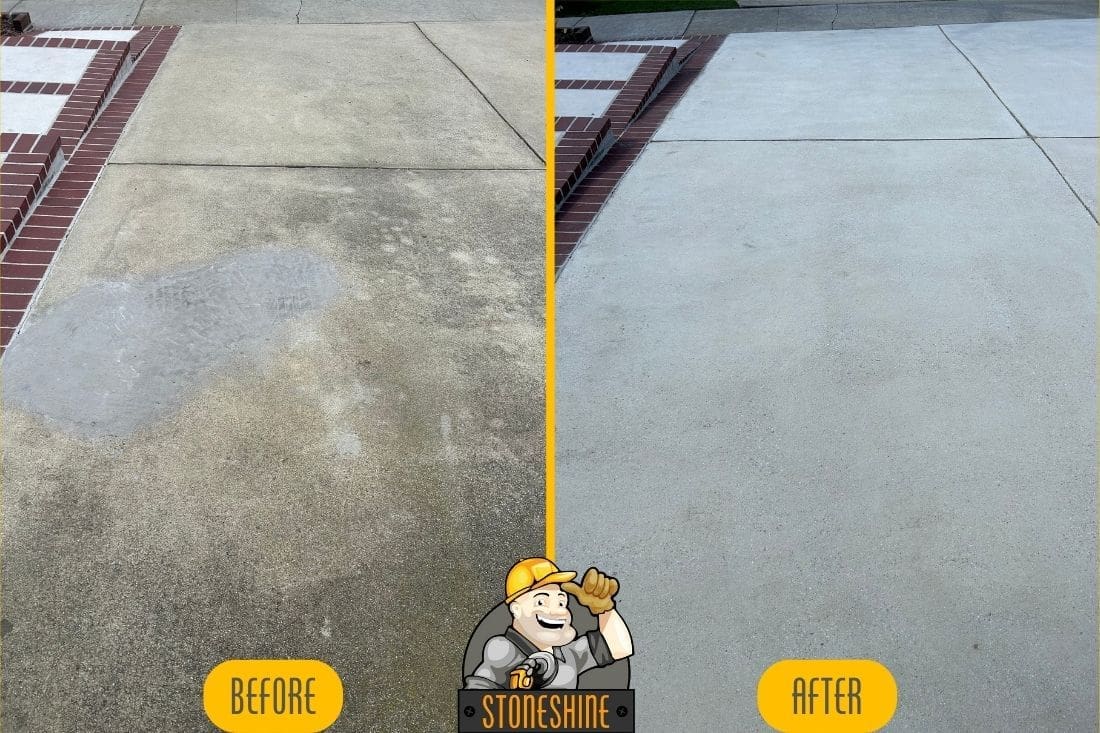 Before and after comparison of a concrete driveway restoration in Brea, showing deep cleaning, grinding, and sealing to enhance surface longevity.