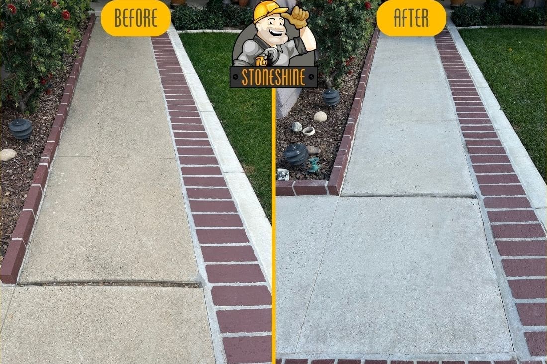 Before and after comparison of a concrete walkway restoration in Brea, highlighting deep cleaning, grinding, and sealing for enhanced durability.